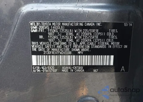 2015 Toyota Rav4 Limited z USA, uszkodzony, nr VIN 2T3DFREV7FW245598